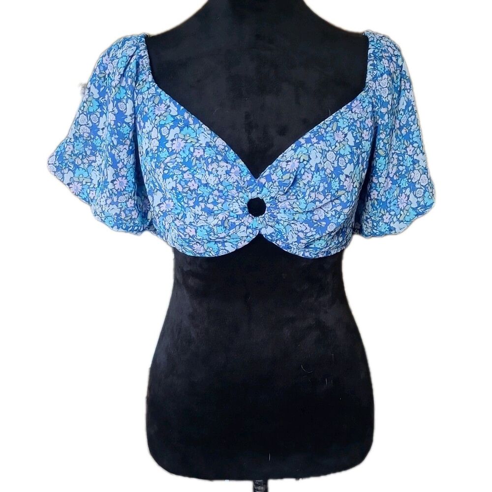 Wild Fable Women's XL Blue Floral Puff Sleeve Crop Top Sweetheart Neckline, NWT
